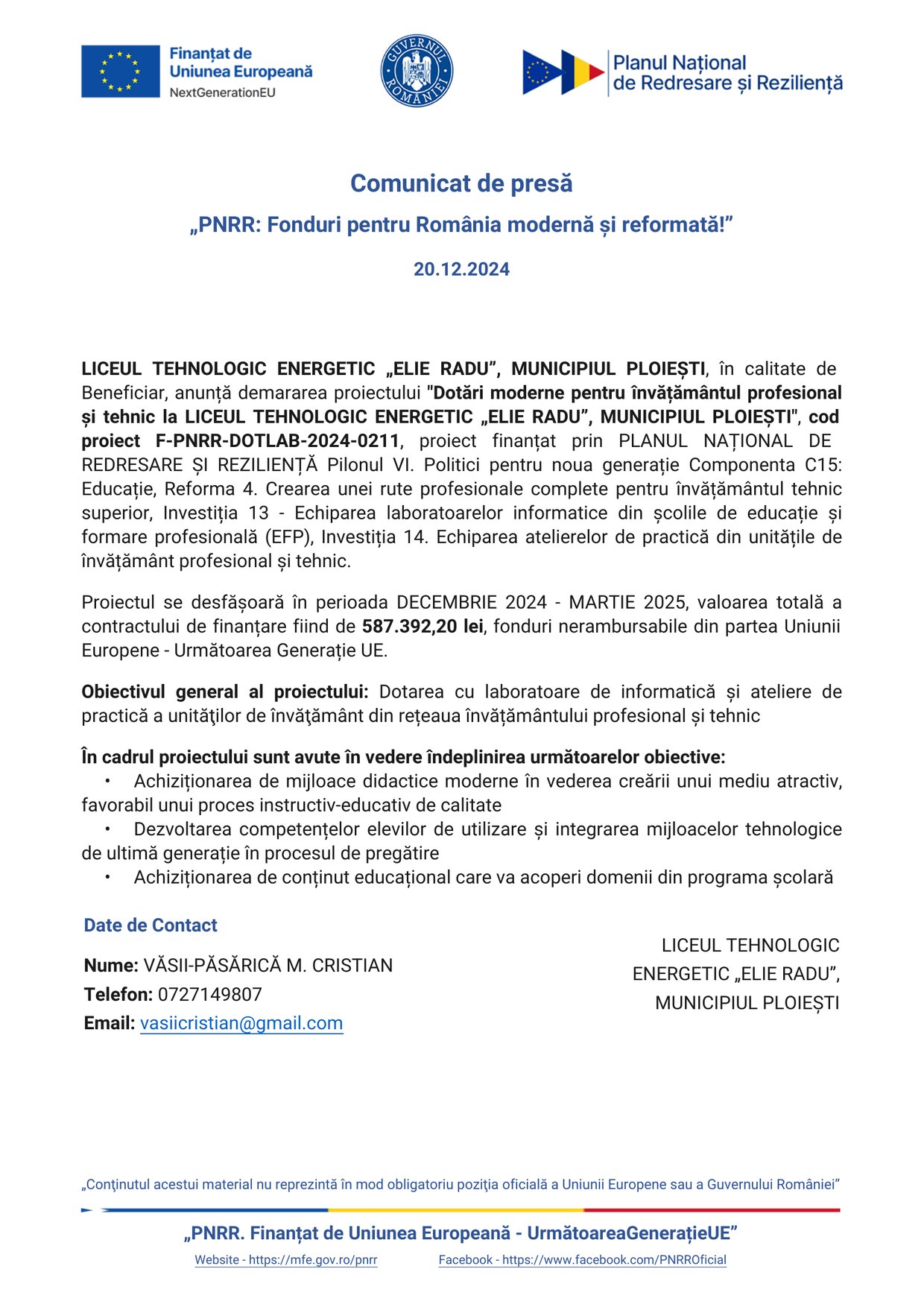 Prima pagină a documentului „Comunicat de presă — începerea proiectului”