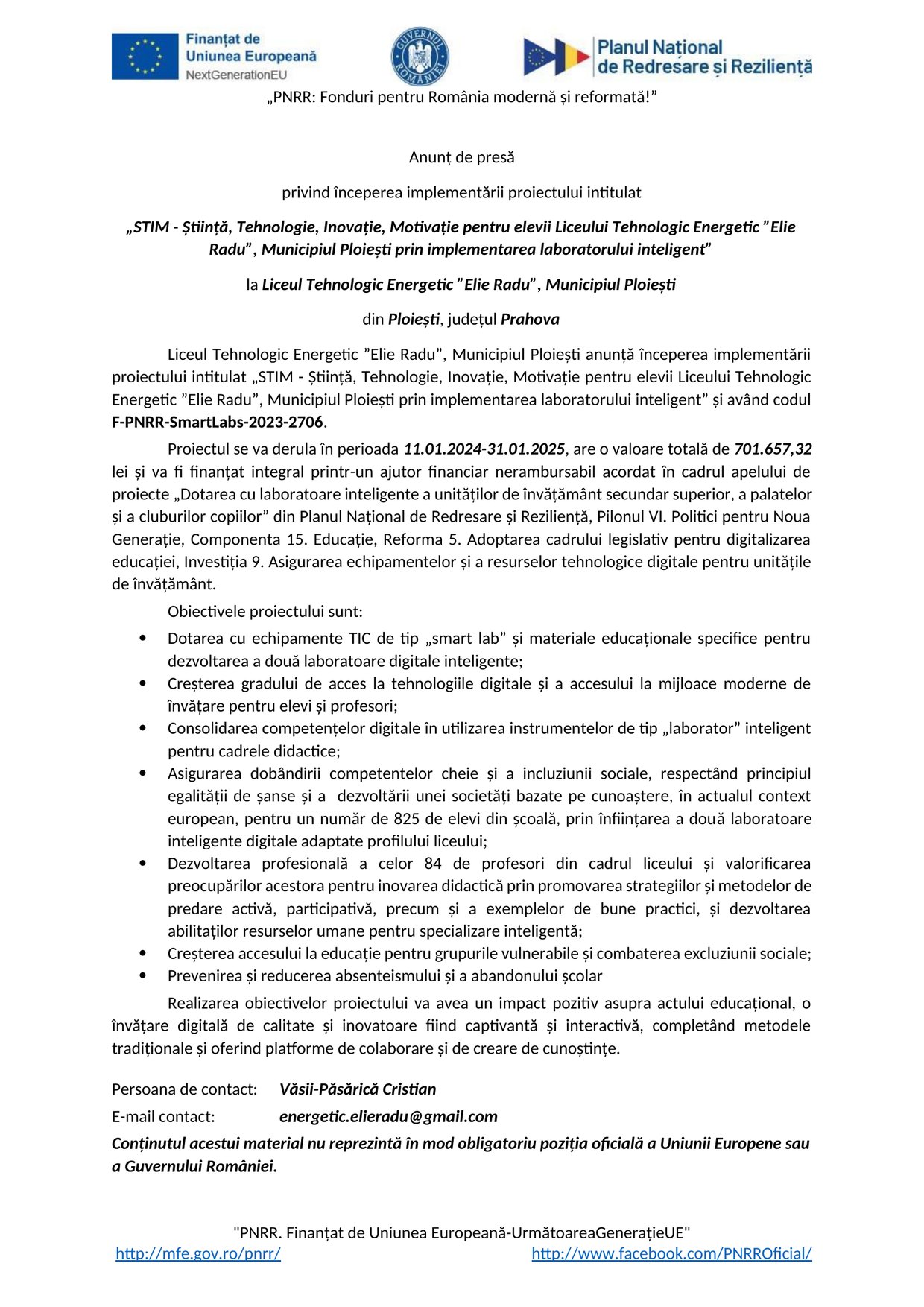 Prima pagină a documentului „Anunț de presă — începerea proiectului”