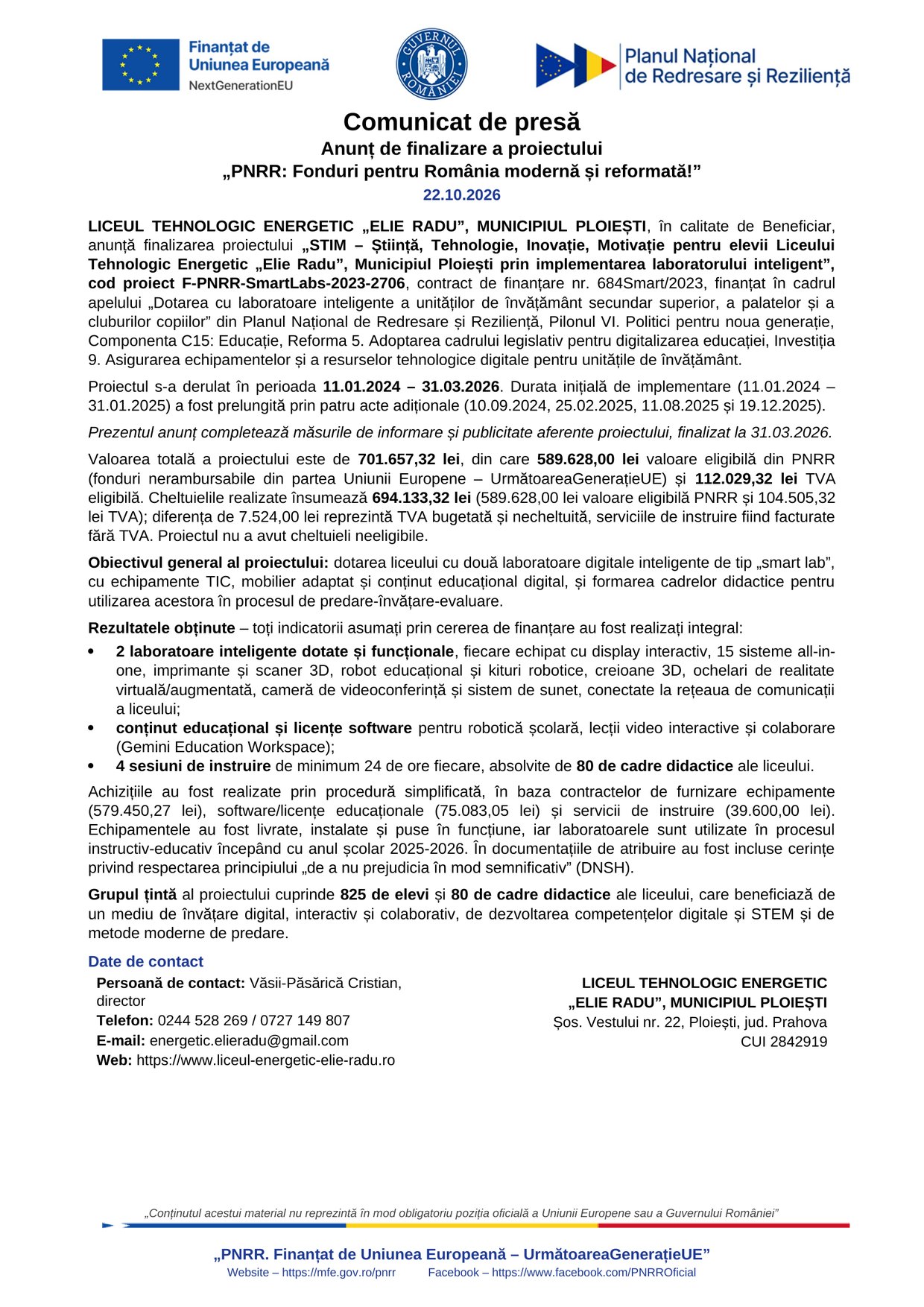 Prima pagină a documentului „Comunicat de presă — finalizarea proiectului”