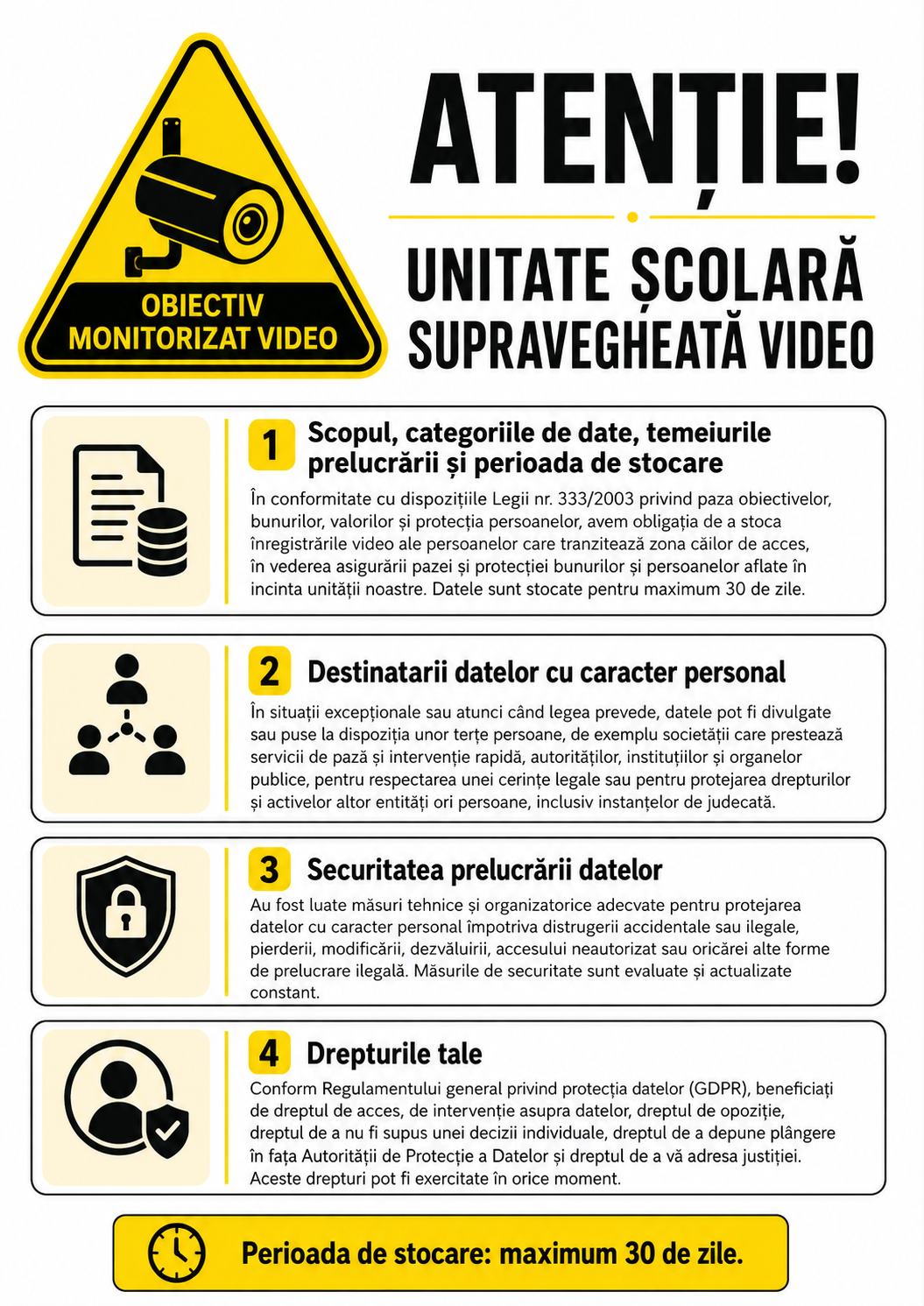 Afiș oficial: Atenție! Unitate școlară supravegheată video — scopul prelucrării, destinatarii datelor, securitatea prelucrării, drepturile persoanelor vizate, perioada de stocare maximum 30 de zile
